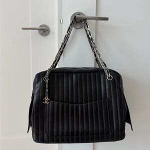 CHANEL Mademoiselle Black Quilted Shoulder Bag with Silver Chain strand CC Charm
